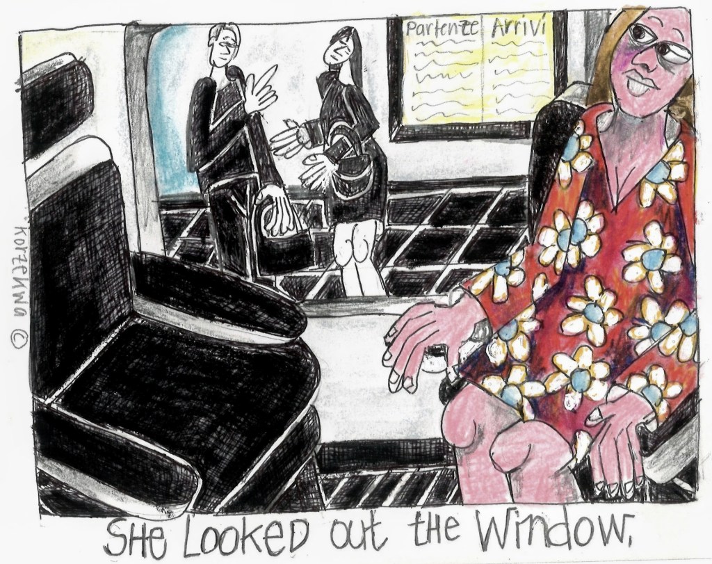 drawing of a woman sitting on a train looking out the window seeing two people