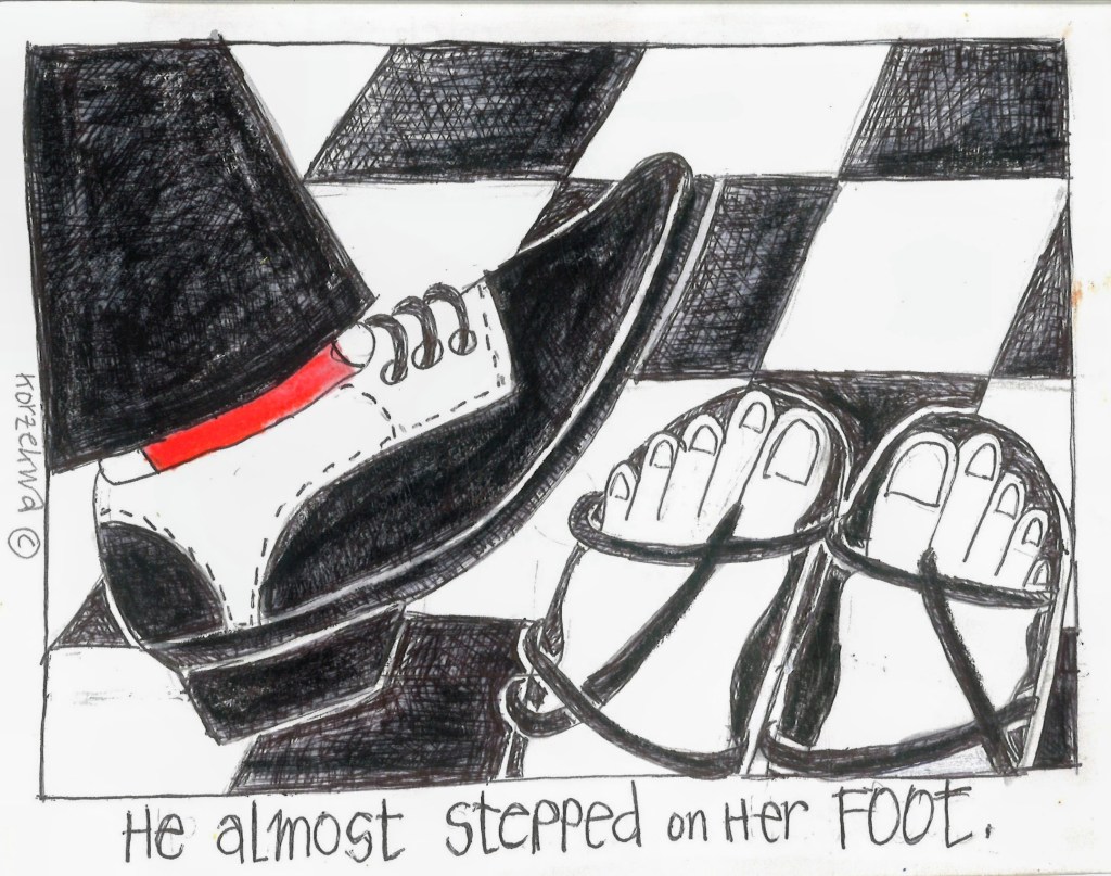 drawing of a shoe about to step on a foot