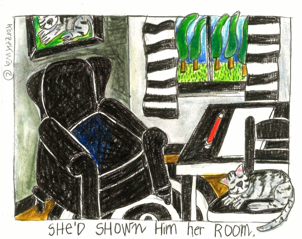 drawing of a room with an armshair, a desk, and an open window exposing the cypress trees outside