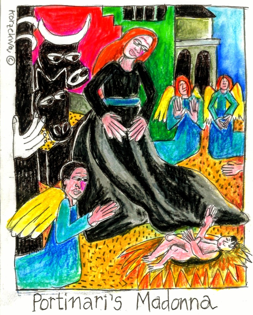 drawing of the Portinari Madonna with baby Jesus, angels, and animals