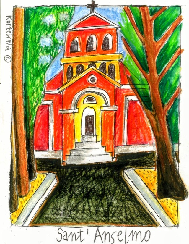 drawing of St. Anselmo's church on tree lined street