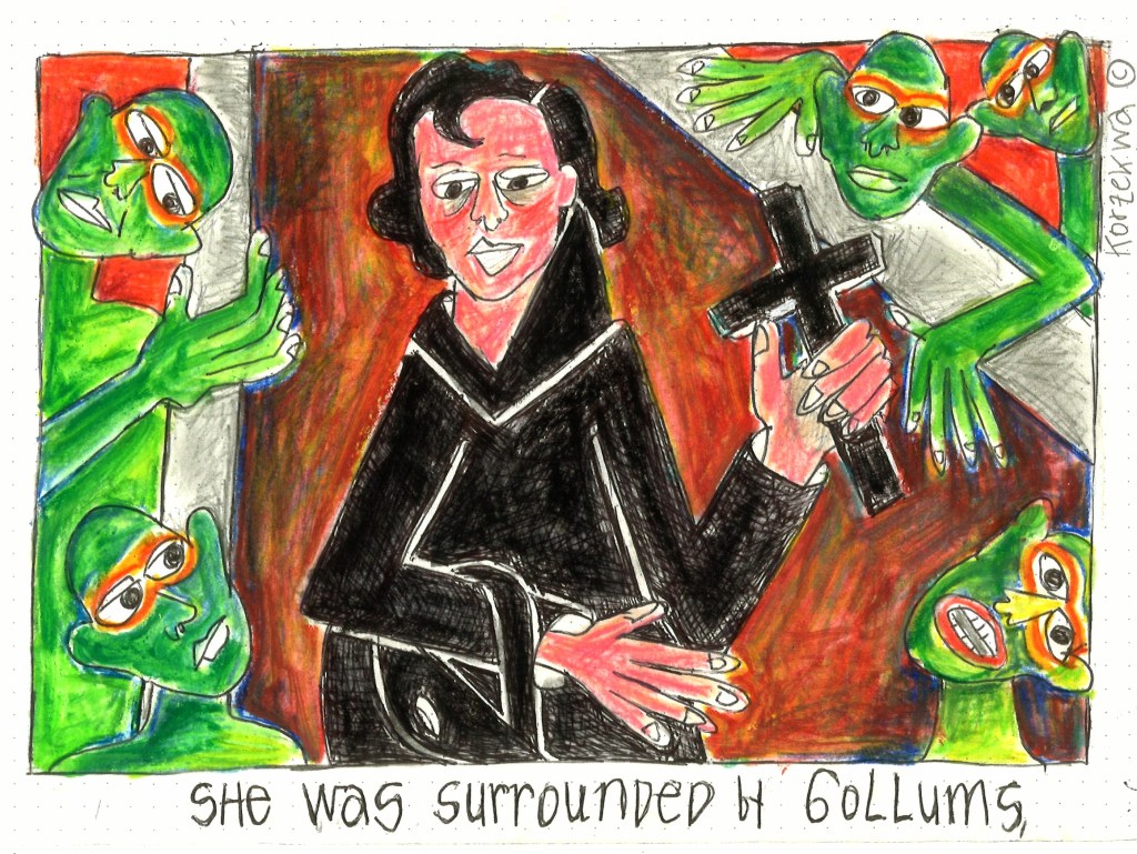 drawing of a woman holding a cross surrounded by gollums