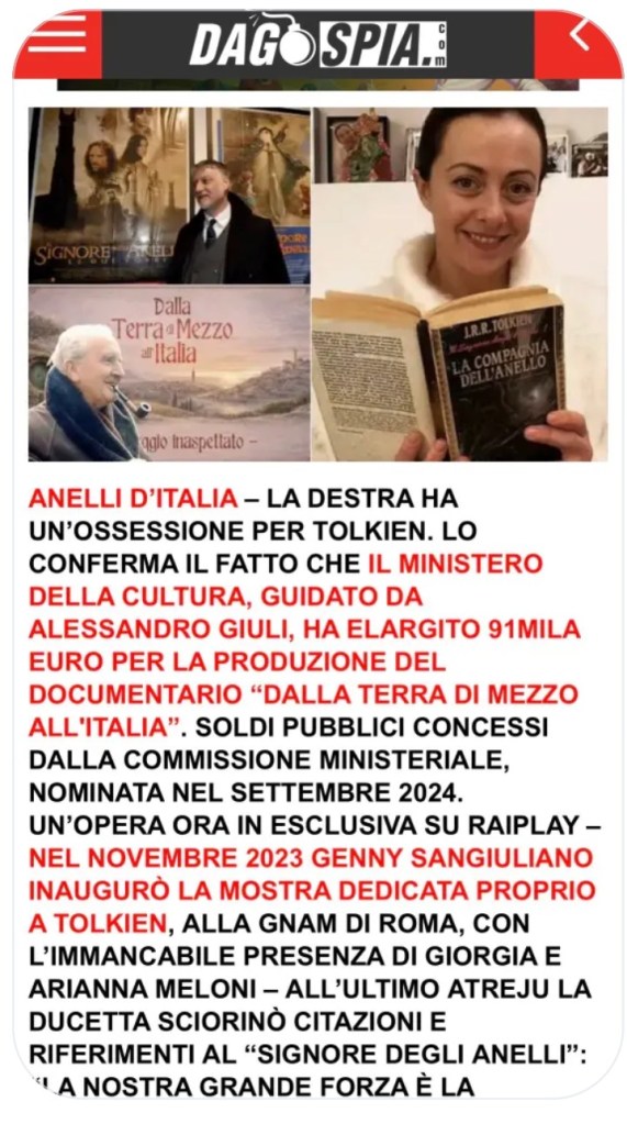 Screen shot from Dagospia showing Meloni Reading Lord of the Rings
