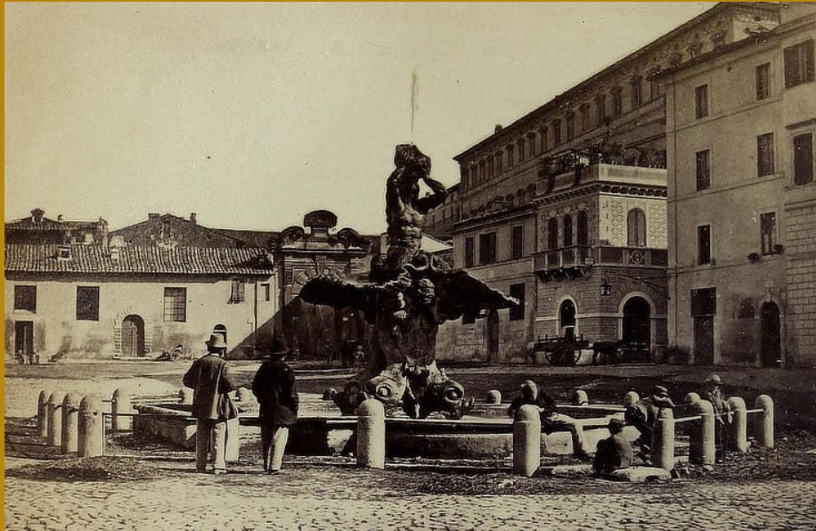 A photo of the Fontana dei Tritone at Piazza Barberini in the 1800s