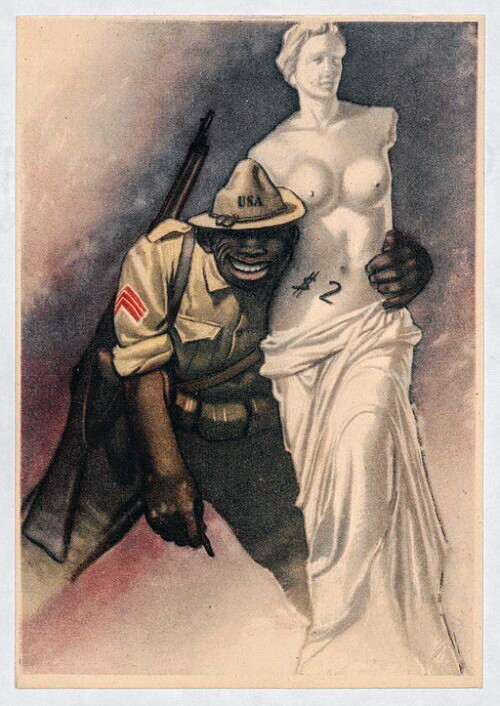 poster by Gino Biccasile showing a black soldier hugging a Venus di Milo statue