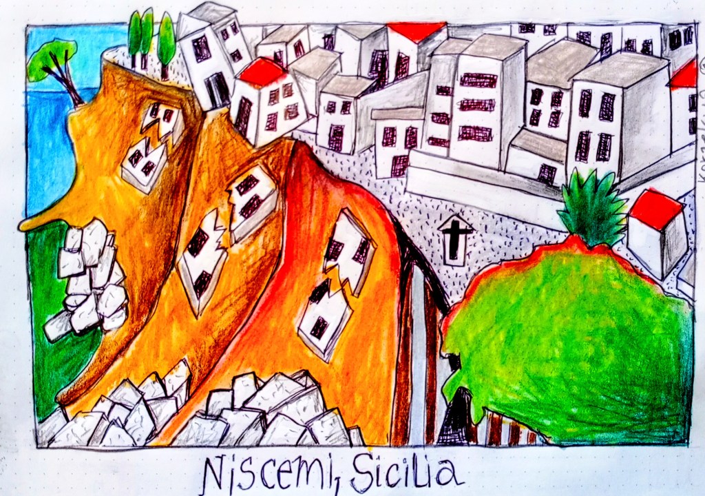 a drawing of houses on a cliff that are falling off
