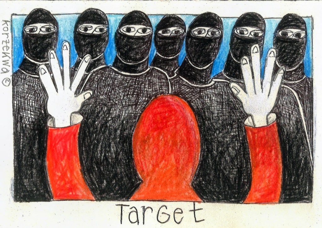 drawing of a person wearing a red hoodie holdinghands up in front of a group of masked men