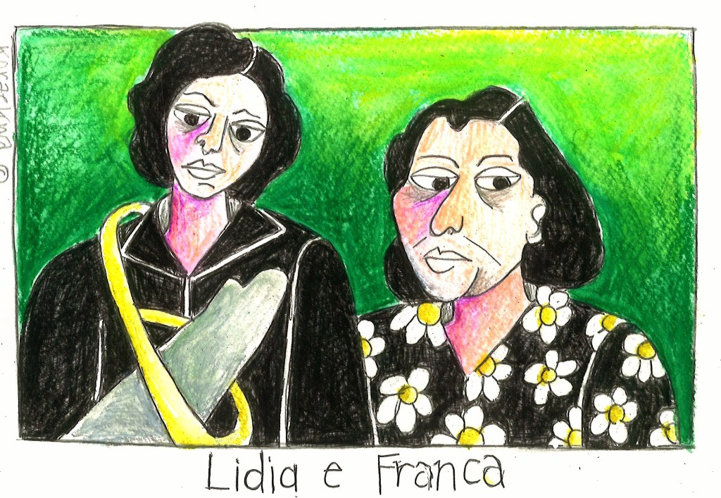 a drawing of two young women, one with her arm in a sling