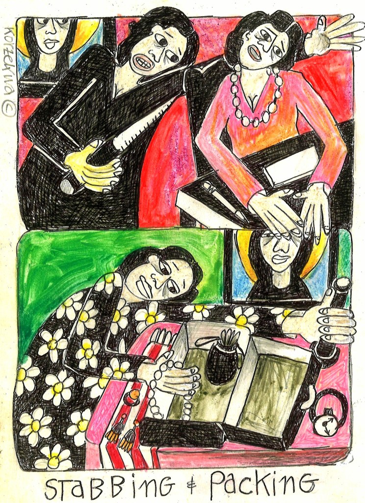 drawing of a one woman about to stab another and a drawing of a woman putting valuables into a suitcase
