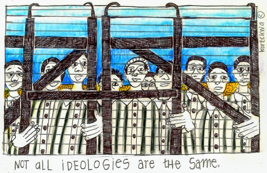 drawing of prisoners of war behind the fence that keeps them contained