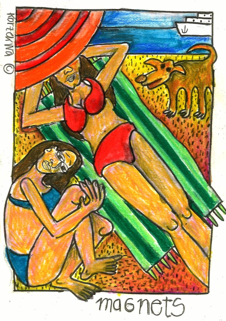 drawing of two women and a dog on the beach sunbathing