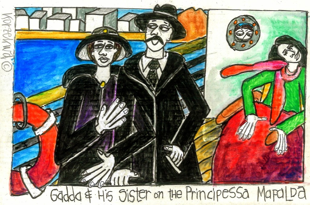 drawing of Gadda and his sister standing on the ship the Principessa Mafalda