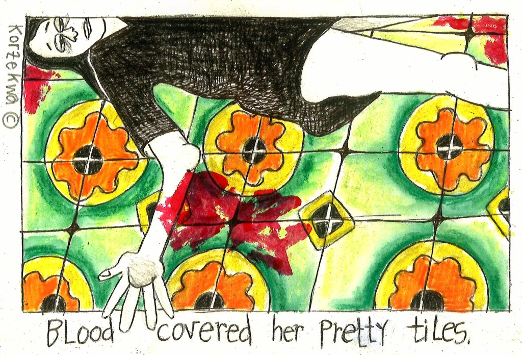 drawing of a dead woman on her pretty tilesc overed with blood