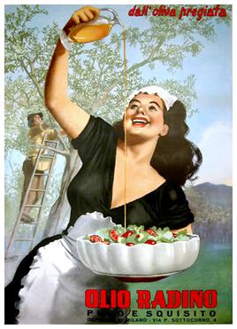propaganda poster by Gino Boccasile of a woman pouring olive oil onto a salad