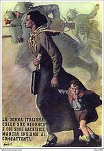 propaganda poster by Gino Boccasile showing a woman walking with a little boy