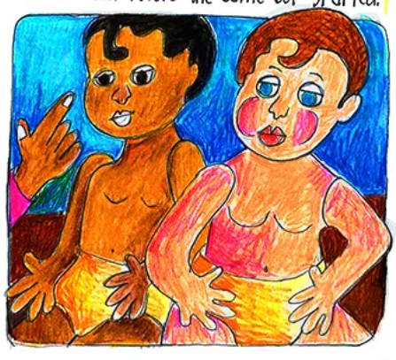 drawing of a black baby doll and a white baby doll