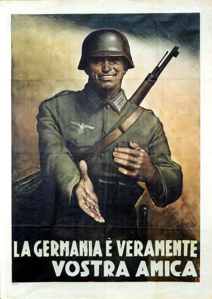 propaganda poster by Gino Boccasile showing a soldier extending his hand