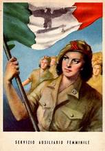 propaganda poster by Gino Boccasile showing a fascist female hold a flag