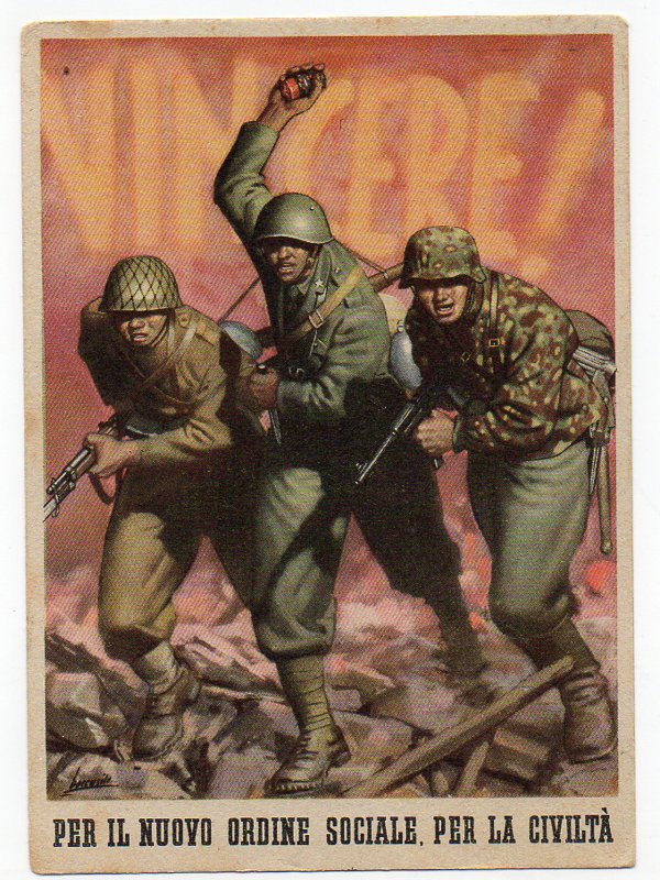 propaganda poster by Gino Boccasile showing three soldiers moving forwards with their guns aimed and a handgranade held high