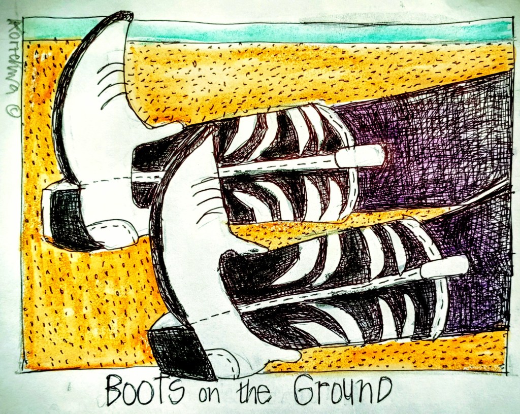 drawing of a pair of cowboy boots down on the ground