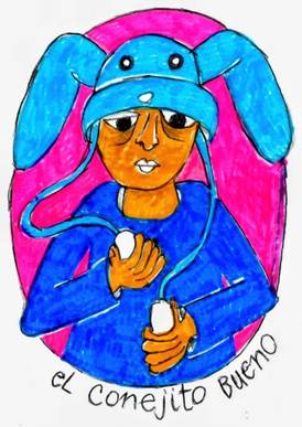 colored drawing of a little boy wearing a bunny hat
