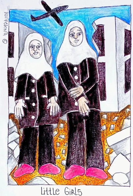 drawing of two little girls in front of a bombed building